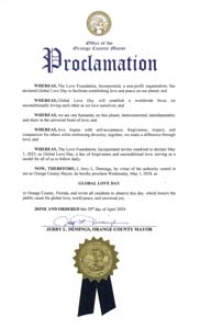 Orange County, Florida Jerry Demings Mayor Proclaims Global Love Day 2024 