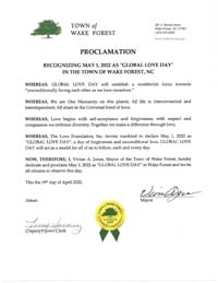Wake Forest, North Carolina Mayor Vivian Jones Proclaims Global Love Day 2022
