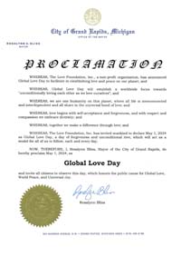 Grand Rapids, Michigan Mayor Rosalynn Bliss Proclaims Global Love Day 2024