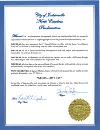 Jacksonville, North Carolina Mayor Sammy Phillips Proclaims Global Love Day 2024