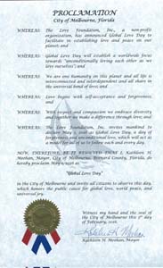 Global Love Day Proclamation Melbourne, Florida