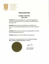 Global Love Day Proclamation Oakville, Ontario, Canada