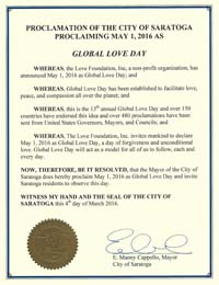 Global Love Day Proclamation Saratoga, California
