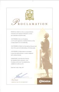 Global Love Day Proclamation Edmonton, Alberta, Canada
