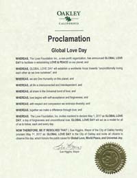 Global Love Day Proclamation Oakley, California