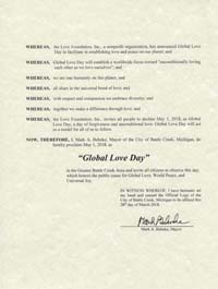 Global Love Day Proclamation Battle Creek, Michigan