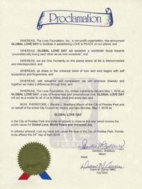 Global Love Day Proclamation Pinellas Park, Florida