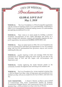 Global Love Day Proclamation Weston, Florida