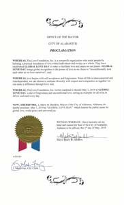 Global Love Day 2019 Proclamation Alabaster, Alabama Mayor Marty Handlon