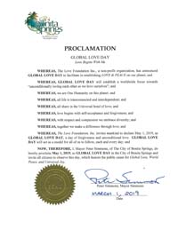 Global Love Day 2019 Proclamation Bonita Springs, Florida Mayor Peter Simmons