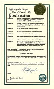 Global Love Day 2019 Proclamation Fayetteville, Arkansas Mayor Lionel Jordan Jr.