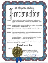 Global Love Day 2019 Proclamation Irving, Texas Mayor Richard Stopfer