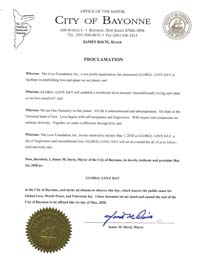 Bayonne, New Jersey Mayor James Davis Proclaims Global Love Day 2020