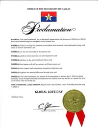 Dallas, Texas Mayor Eric Johnson Proclaims Global Love Day 2020