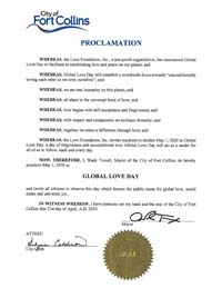 Fort Collins, Colorado Mayor Wade Troxell Proclaims Global Love Day 2020
