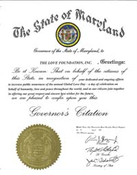Maryland Governor Larry Hogan Citation Honoring Global Love Day 2020
