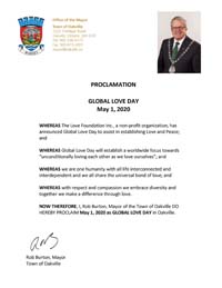 Oakville, Ontario, Canada Mayor Rob Burton Proclaims Global Love Day 2020 