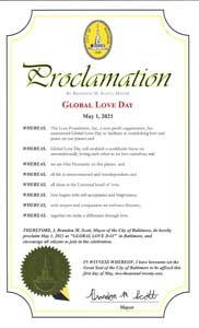 Baltimore, Maryland Mayor Brandon Scott Proclaims Global Love Day 2021