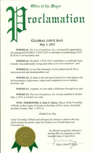 Brick, New Jersey Mayor John Ducey Proclaims Global Love Day 2021