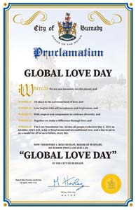 Burnaby, British Columbia, Canada Mayor Mike Hurley Proclaims Global Love Day 2021