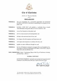 Charleston, South Carolina Mayor John Tecklenburg Proclaims Global Love Day 2021