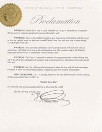 Greenville, North Carolina Mayor P.J. Connelly Proclaims Global Love Day 2021