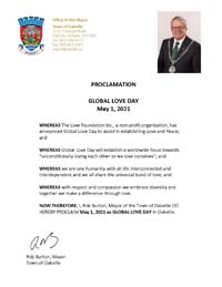 Oakville, Ontario, Canada Mayor Rob Burton Proclaims Global Love Day 2021