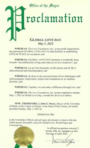 Brick Township, New Jersey Mayor John Ducey Proclaims Global Love Day 2022