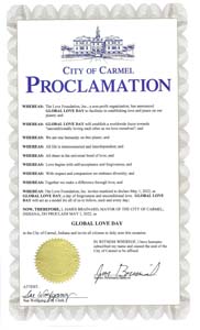 Carmel, Indiana Mayor James Brainard Proclaims Global Love Day 2022