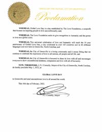 Greenville, North Carolina Mayor P.J. Connelly Proclaims Global Love Day 2022
