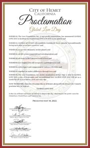 Hemet, California Mayor Malcolm Lilienthal Proclaims Global Love Day 2022