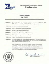 Kalamazoo, Michigan Mayor David Anderson Proclaims Global Love Day 2022