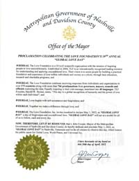 Nashville, Tennessee Mayor John Cooper Proclaims Global Love Day 2022