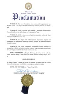 Orange County, Florida Mayor Jerry Demings Proclaims Global Love Day 2022