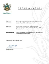 Saskatoon, Saskatchewan, Canada Proclaims Global Love Day 2025