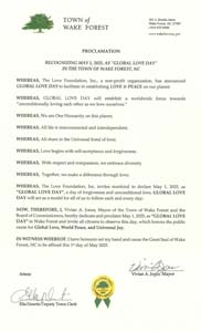 Wake Forest, North Carolina Mayor Vivian Jones Proclaims Global Love Day 20254